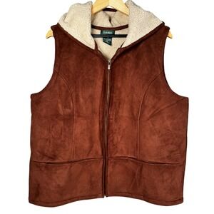 Lauren Ralph Lauren‎ Sherpa Lined Hooded Vest 1X Faux Suede Brown Zip Front Fall